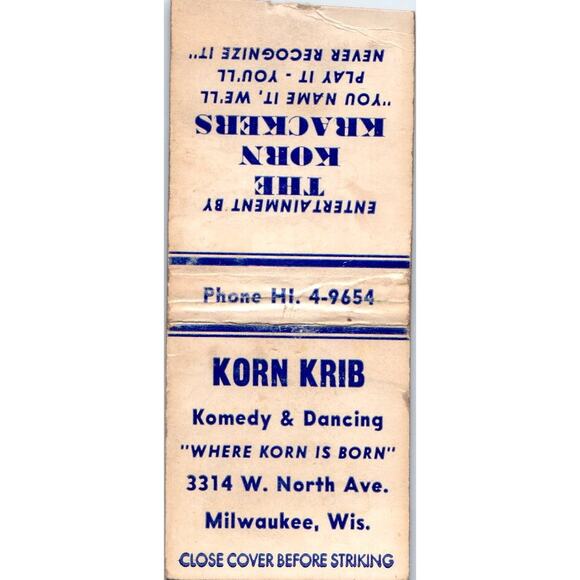 None Other - Korn Krib Comedy & Dancing Milwaukee Vintage Matchbook Cover SF4-Y4